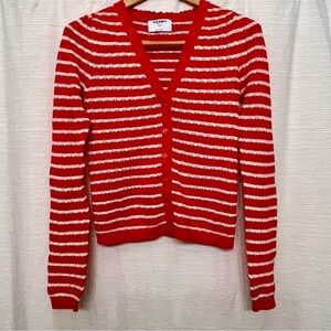 Old Navy Red and White Striped V-Neck Cardigan